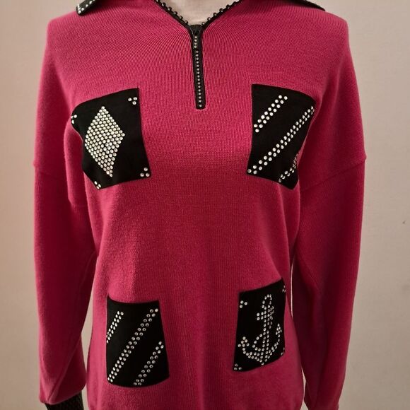 Chic Pink Sweater with Black Accents Women's Large - Picture 3 of 11